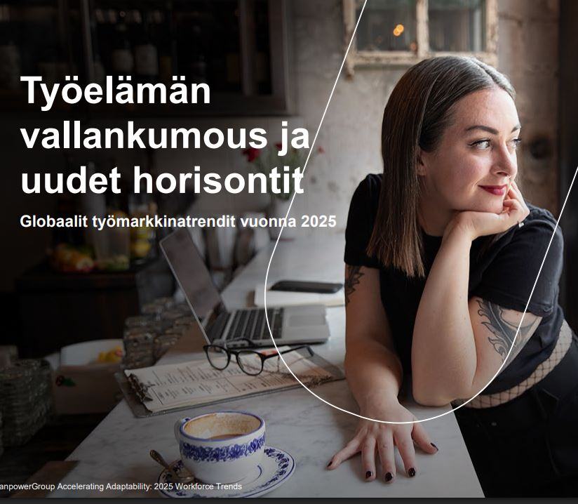 Työmarkkinatrendit 2025-raportin kansi jossa nainen katsoo toiveikkaasti kahvilassa ikkunasta ulos